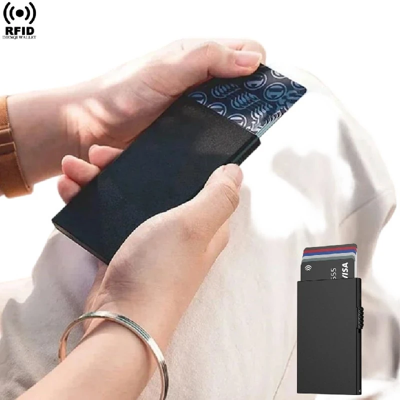 RFID Kreditkartenetui Smart Wallet Kartenhalter-Etui ID Bankkartenhalter Metall Dünn Schlank Pop-Up Aluminium Minimalistisches Portemonnaie für Herren
