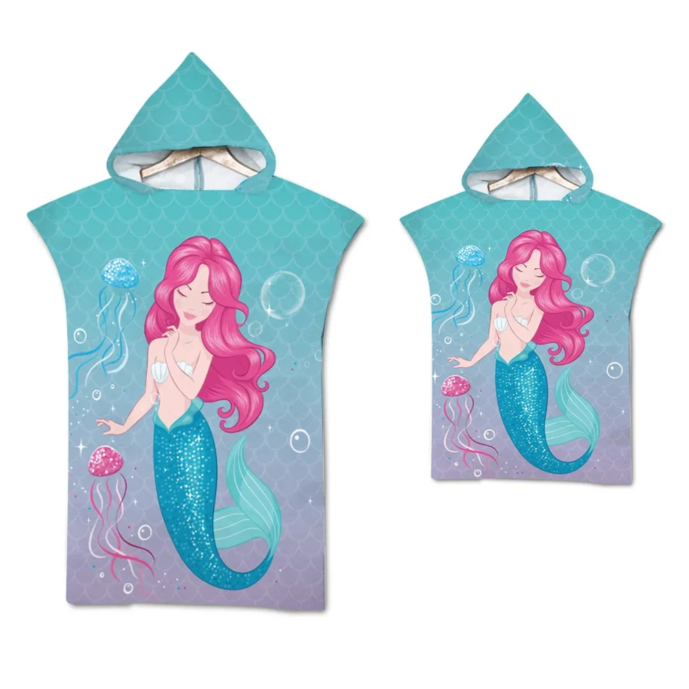 Mermaid Microfiber Quick Dry Large Beach Bath Towel Hooded Cloak Wetsuit Adult Child Parent-Child Changing Poncho Bathrobe