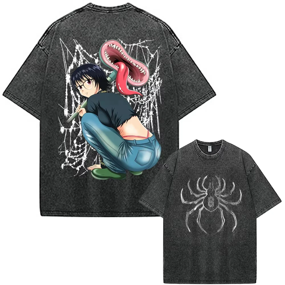 Anime Hunter X Hunter Chrollo Lucilfer Phantom Troupe Graphic Print Retro Washed Cotton T-shirt Men Women Loose Oversized Top