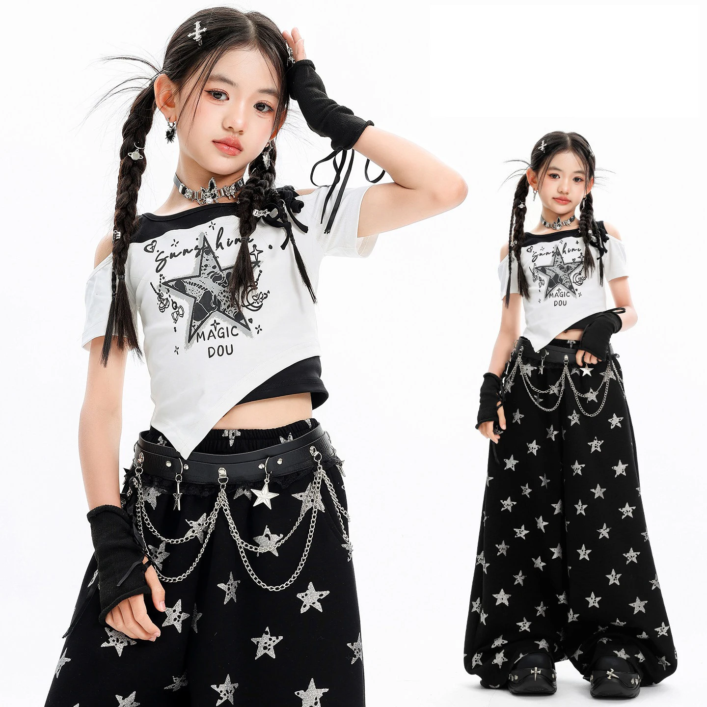 

Летняя одежда для девочек в стиле хип-хоп: топы с короткими рукавами, свободные брюки с принтом звезд, одежда для джазовых выступлений и тренировок, уличная мода.