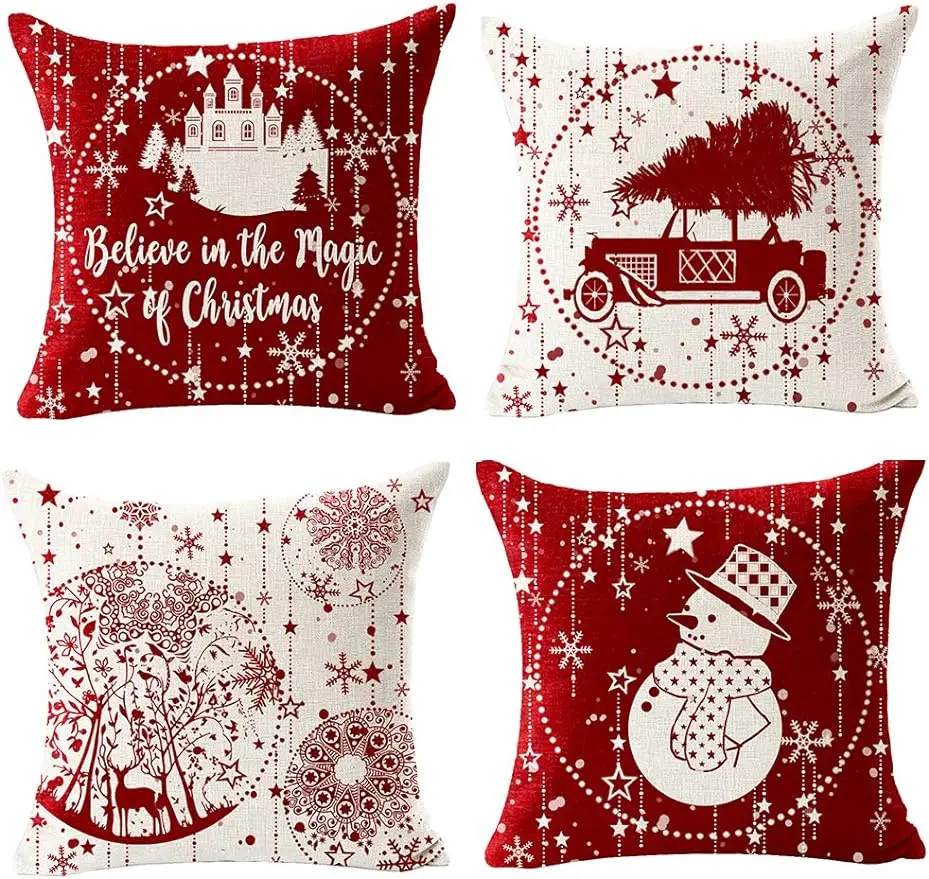 Funda de almohada de lino para sofá y sala de estar, cojín de Feliz Navidad, copo de nieve, bola roja, coche con árbol, ciervo