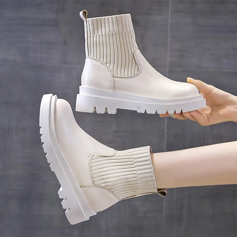 New Autumn Women High Quality Ankle Boots thick Fashion outdoor Non-slip sole round head Lace-Up Slim Elastic Socks Boots