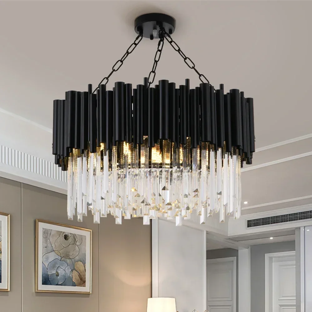 K9 Crystal Luxury LED Chandelier Lighting Postmodern Living Dining Room Round Hanging Lamp Black Tube Villa Home Deco Fixtures