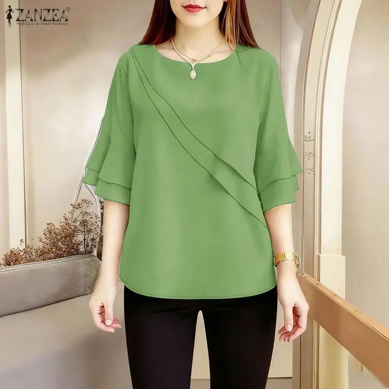Eleganckie bluzki damskie ZANZEA do pracy biurowej, modne koszule z krótkim rękawem na lato 2025, codzienne bluzki z okrągłym dekoltem, luźne tuniki, topy damskie.