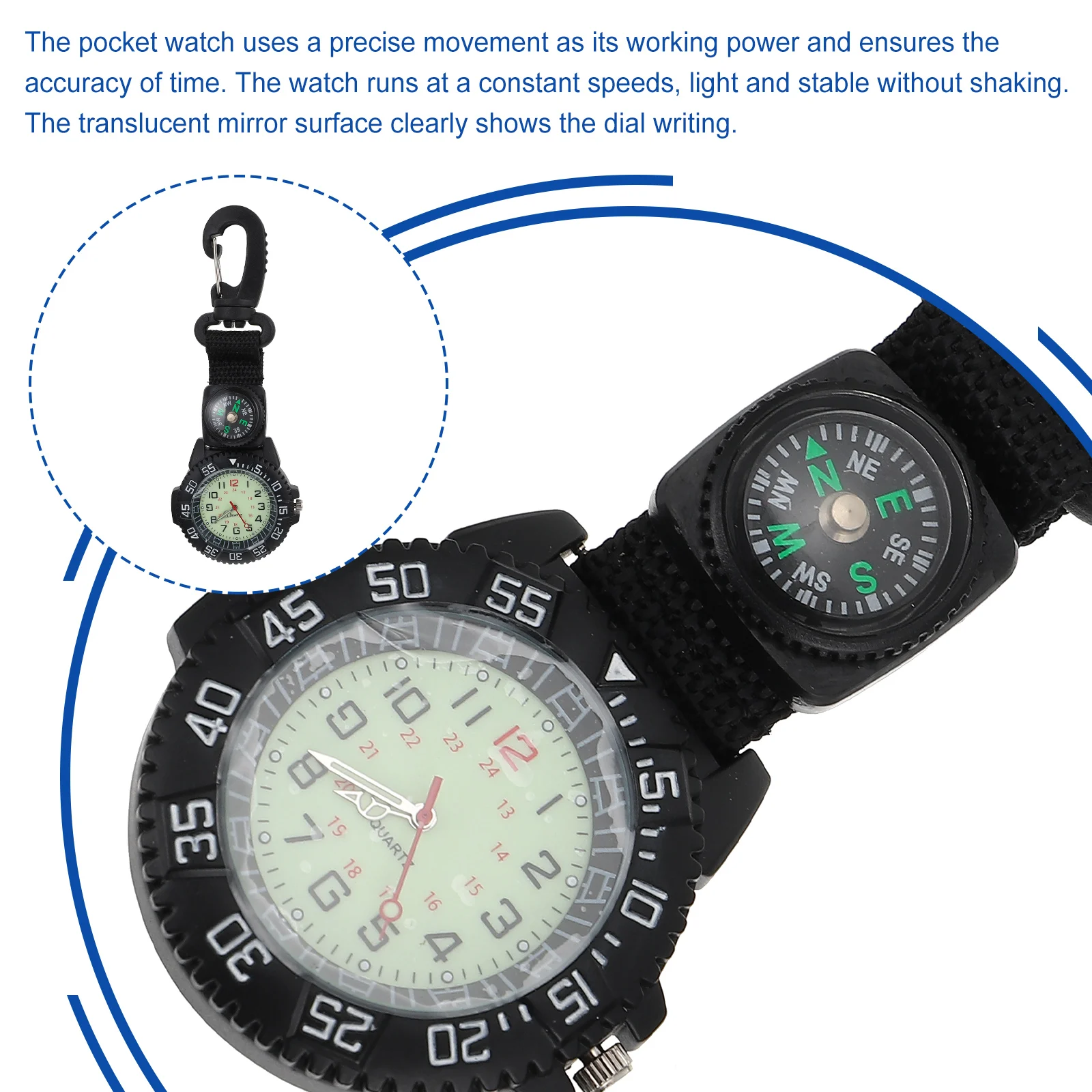 

Carabiner Pocket Hanging Watch for Men Sports Clip Durable Zinc Alloy Glass Compass Stylish Precision Movement