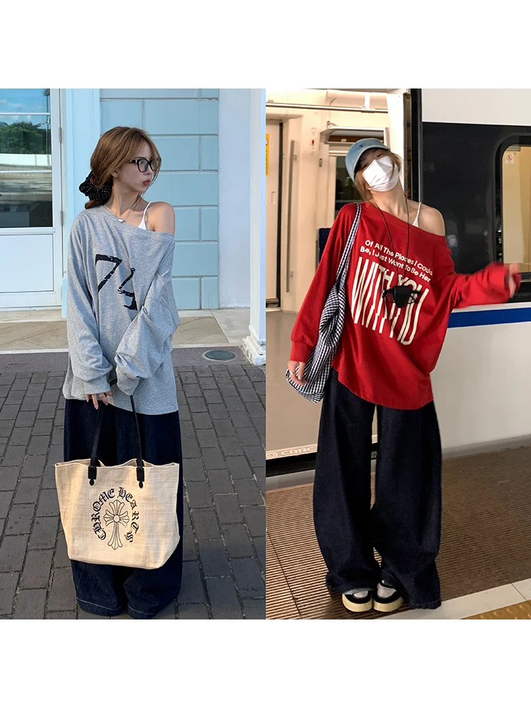 

Двусторонняя футболка Long Sve, женская свободная посадка, повседневный хлопковый топ с круглым принтом спереди и Ba на весну