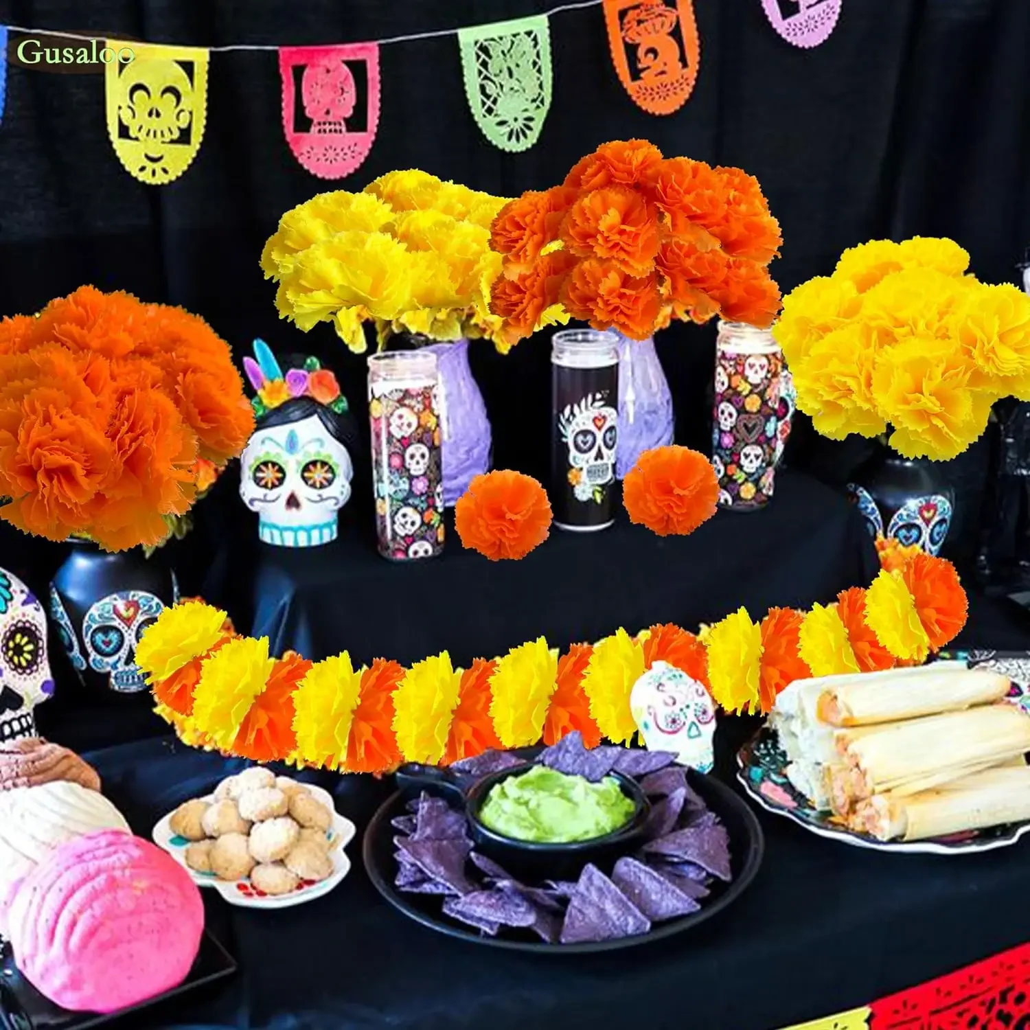 Flores artificiales De caléndula mexicana, decoración para el Día De Los Muertos, Diwali, manualidades para el hogar, fiesta De Halloween, 50 piezas