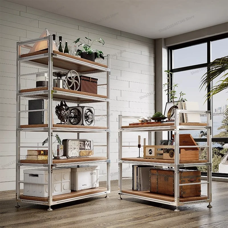For Aluminum Profile Shelf Shelf Multi-layer Floor Storage Rack Household Balcony Storage Industrial Wind Frame Display Shelf