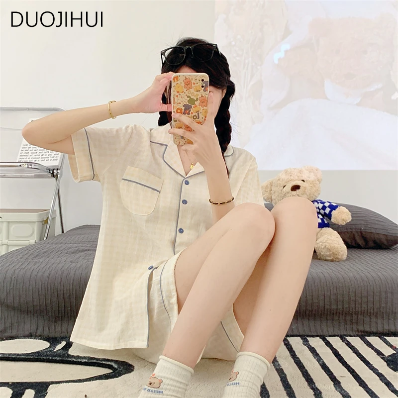 DUOJIHUI estate due pezzi sciolto Casual casa pigiama per le donne dolce Chic bottone Cardigan semplice pantalone moda femminile pigiama set