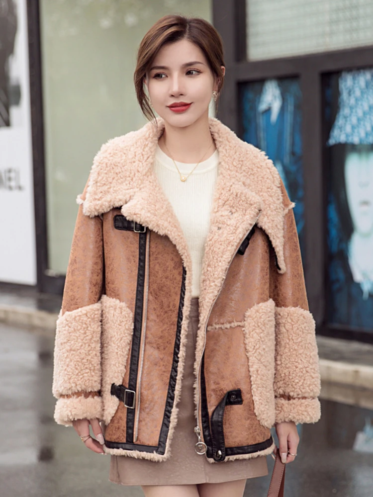 2023 Winter Jacket All Wool Sheep Shearing Fur Coat Loose Thick Grain Fleece Warm Women Fashion Luxury Outerwear Streetwear