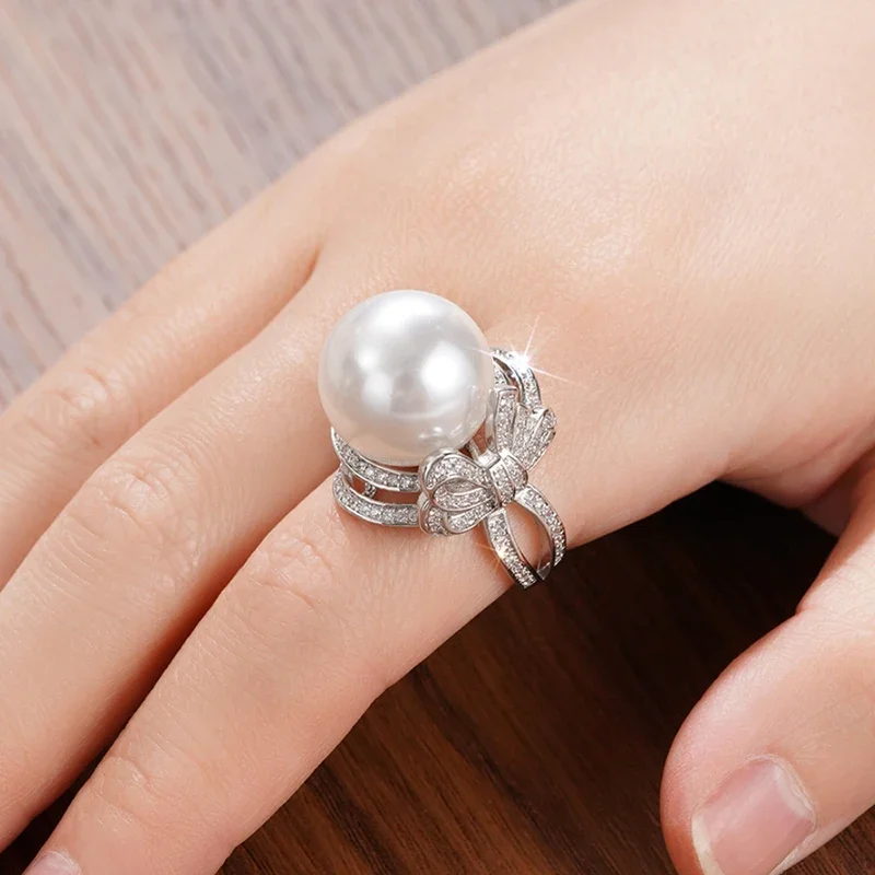 Huitan Elegant Bow Rings with Imitation Pearl for Women Delicate Dainty Brilliant Finger Accessory Luxury Engagement Jewelry Hot
