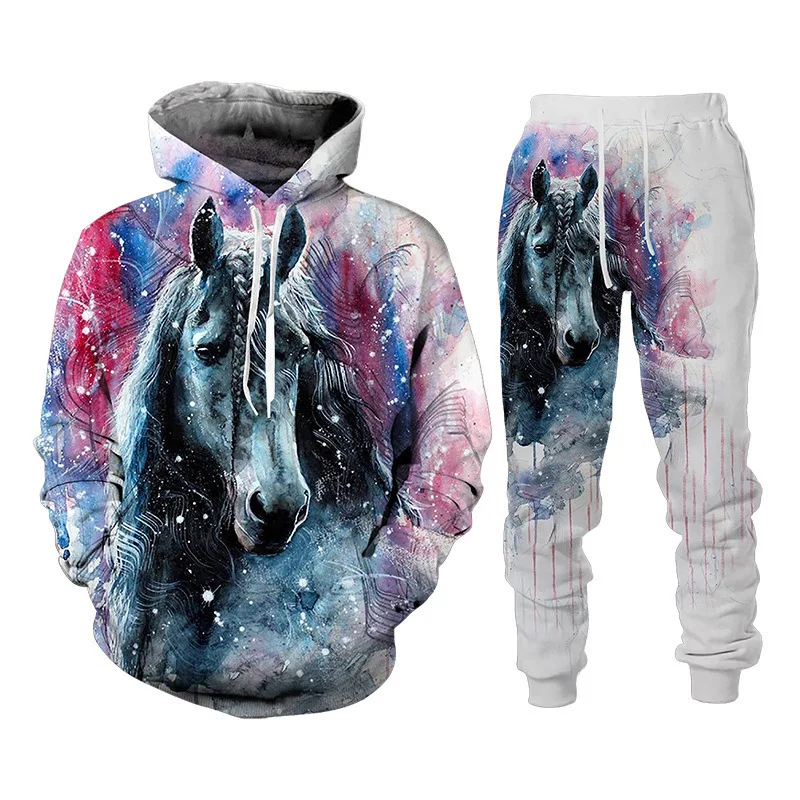 Vintage Animals 3D Horse Print Man Woman Tracksuit Set Fashion Casual Hoodie+Pants 2 Piece Sets Trend Streetwear Kids Clothing