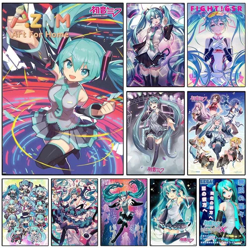 AZNM Hatsune Miku Dynamic Stage Canvas Painting, Frameless Canvas Wall Art, Virtual Singer Anime Wall Painting for Bedroom Liv