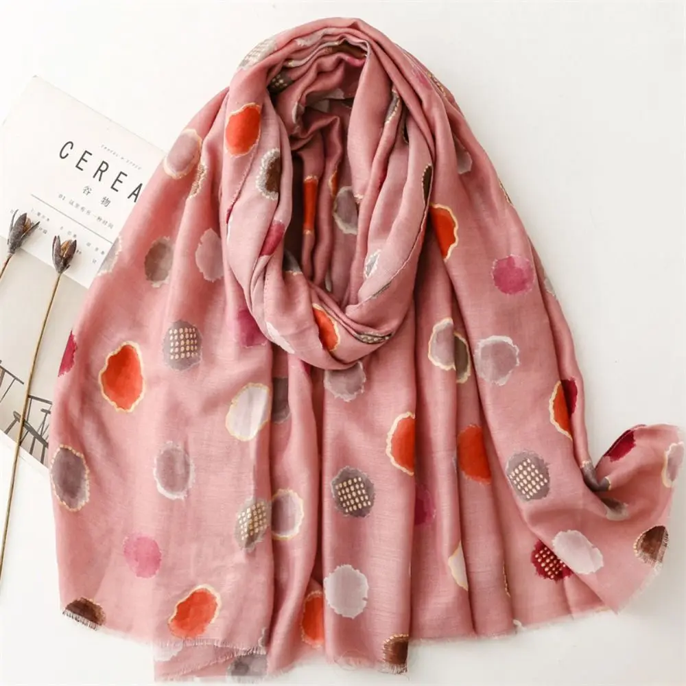 Soft Fabric Polka Dot Scarf Cotton Blend Multi Color Lightweight Shawl Fringed Edge Lightweight Design Bohemian Print Scarf