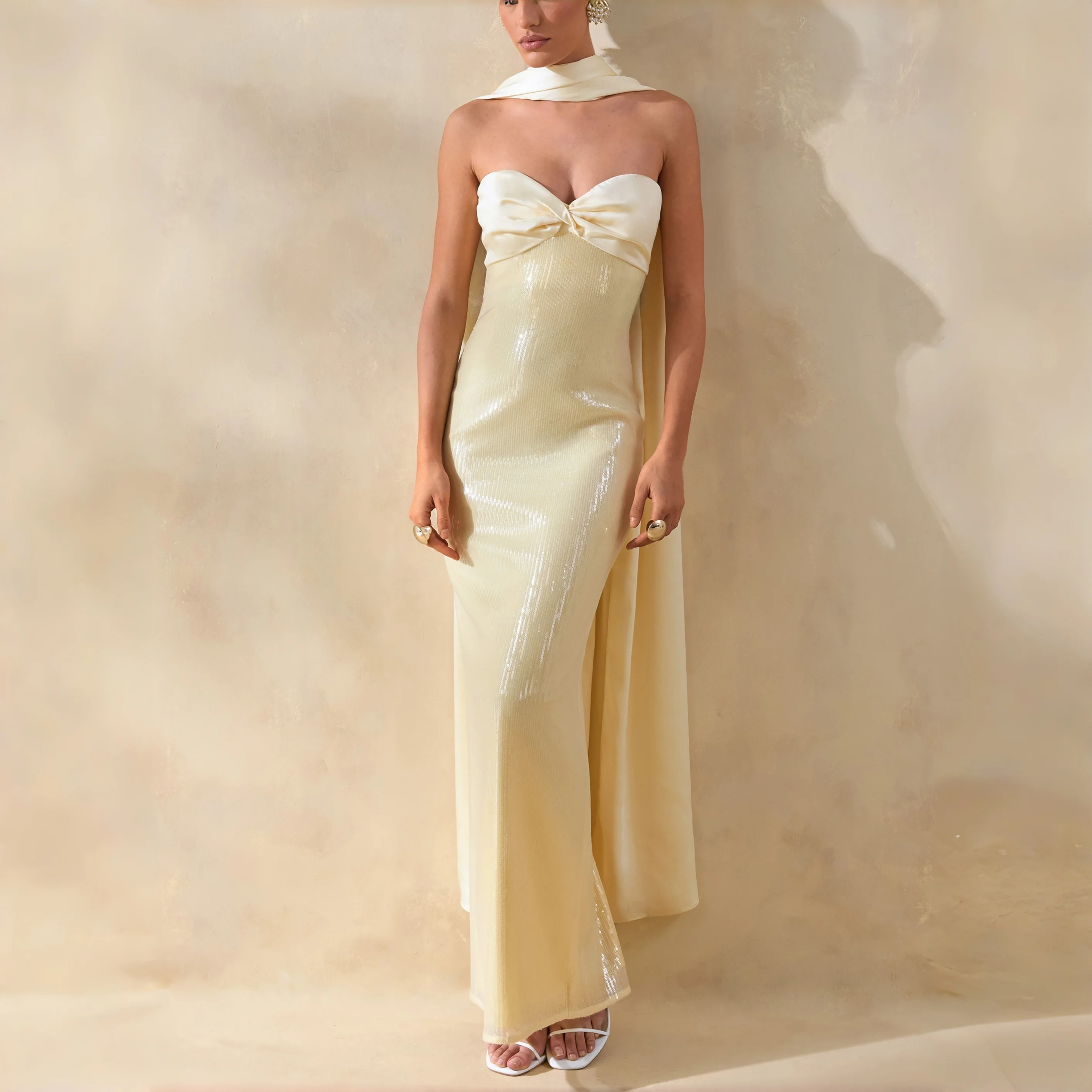 Cream Yellow Sequin Mermaid Maxi Dress with Strapless Bow and Chiffon Cape Cocktail Party Bridesmaid Wedding Guest Gown