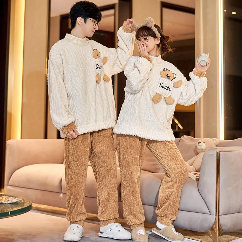 Couples Pajamas Sets Women Men Winter Thicken Sleepwear Pyjama Pour Femme Coral Fleece Korean Cartoon Bear  Loose Lovers Pijama