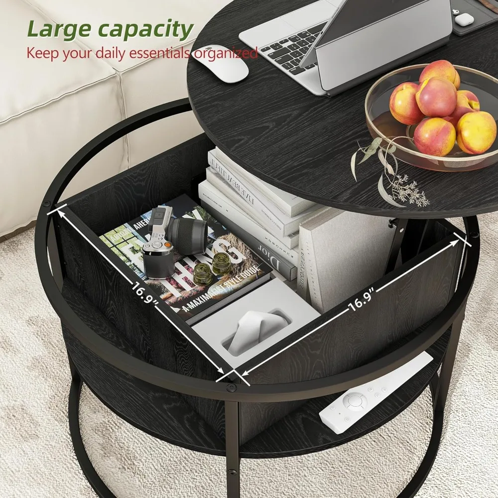 Table basse ronde relevable, tables basses de salon, table basse noire avec compartiment de rangement caché, café de ferme en bois