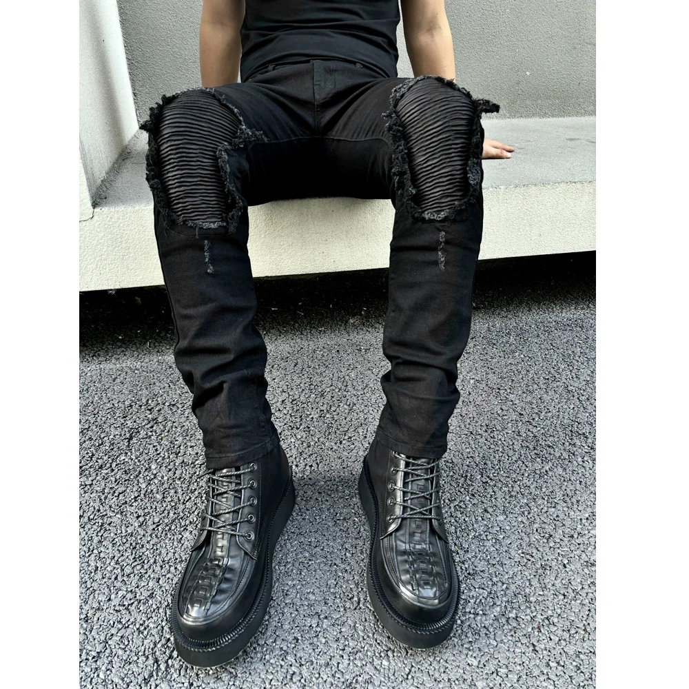 

High Street Knee Patch Beggars Match Leather Jeans men's all-in-one Black Cut Stretch Leg Pants