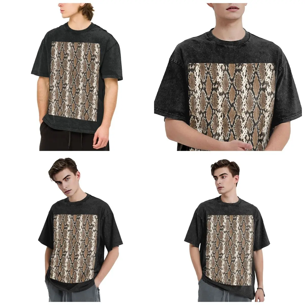 Python Skin, Snake Pattern Hip Hop Short Sleeve T-Shirts Washed Tops Tees Streetwear T Shirt Printed for Men woman