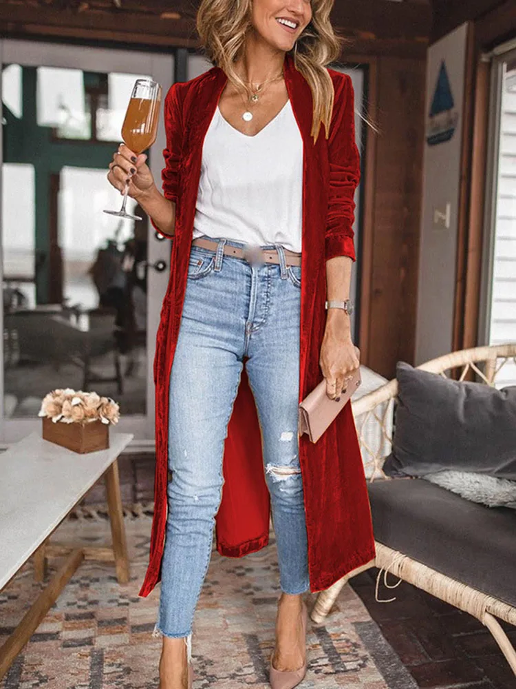 Autumn Winter Fashion Velvet Cardigan Coat Women 2023 Elegant Solid Color Slim Long Sleeve Maxi Outerwear Warm Coats Soft Jacket