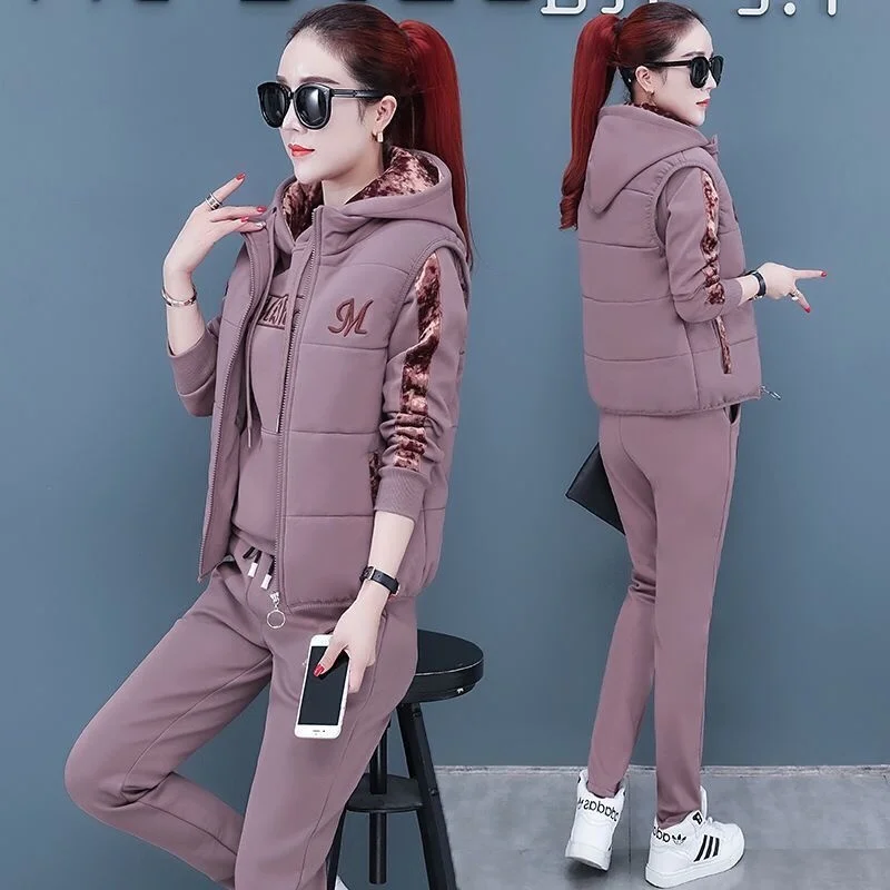 Women\'s Fashion Plush Thickened Sweat Suit 2023 Autumn Winter New Casual Hooded Tops Waistcoat Pants 3 Three Piece Set For Women