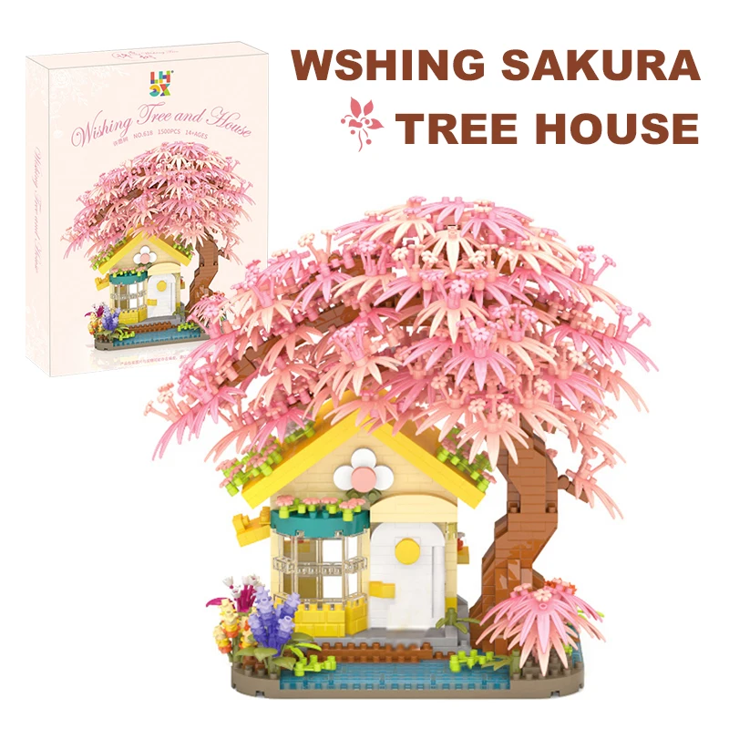 

1500PCS Wshing Sakura Tree House Building Blocks Flower City Street View Architecture Model Micro Assemble Bricks Toys For Kids