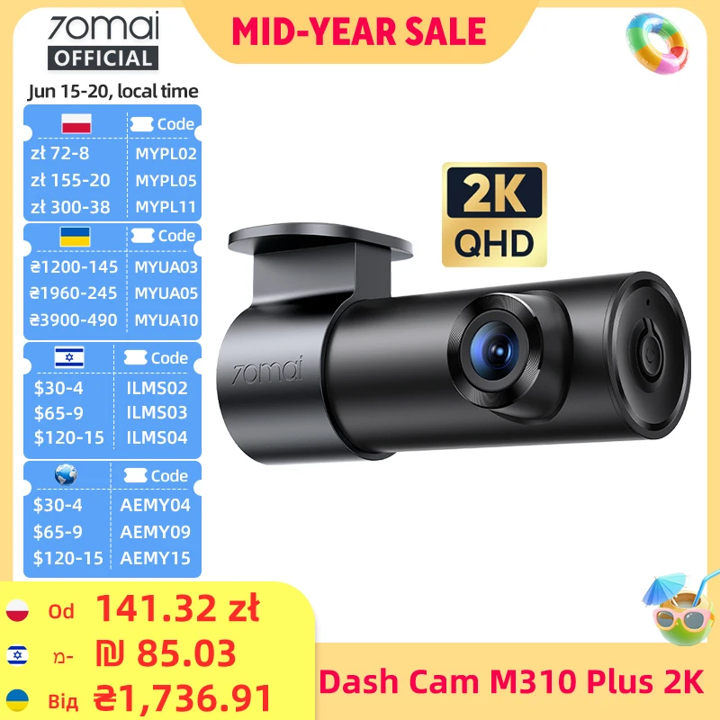70mai Dash Cam M310 Plus 2K 1440P 143°FOV F1.55 Smart Voice Control 24H Parking Guard Night Vision 70mai M310 Plus 2K Car DVR