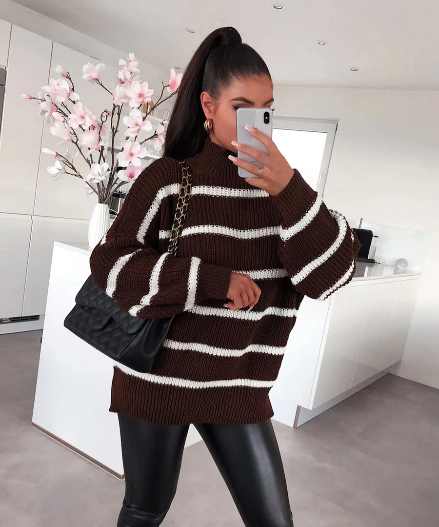 Dames losse kleurblok gestreepte trui Herfst- en wintergebreide trui Elegant en geschikt voor werk