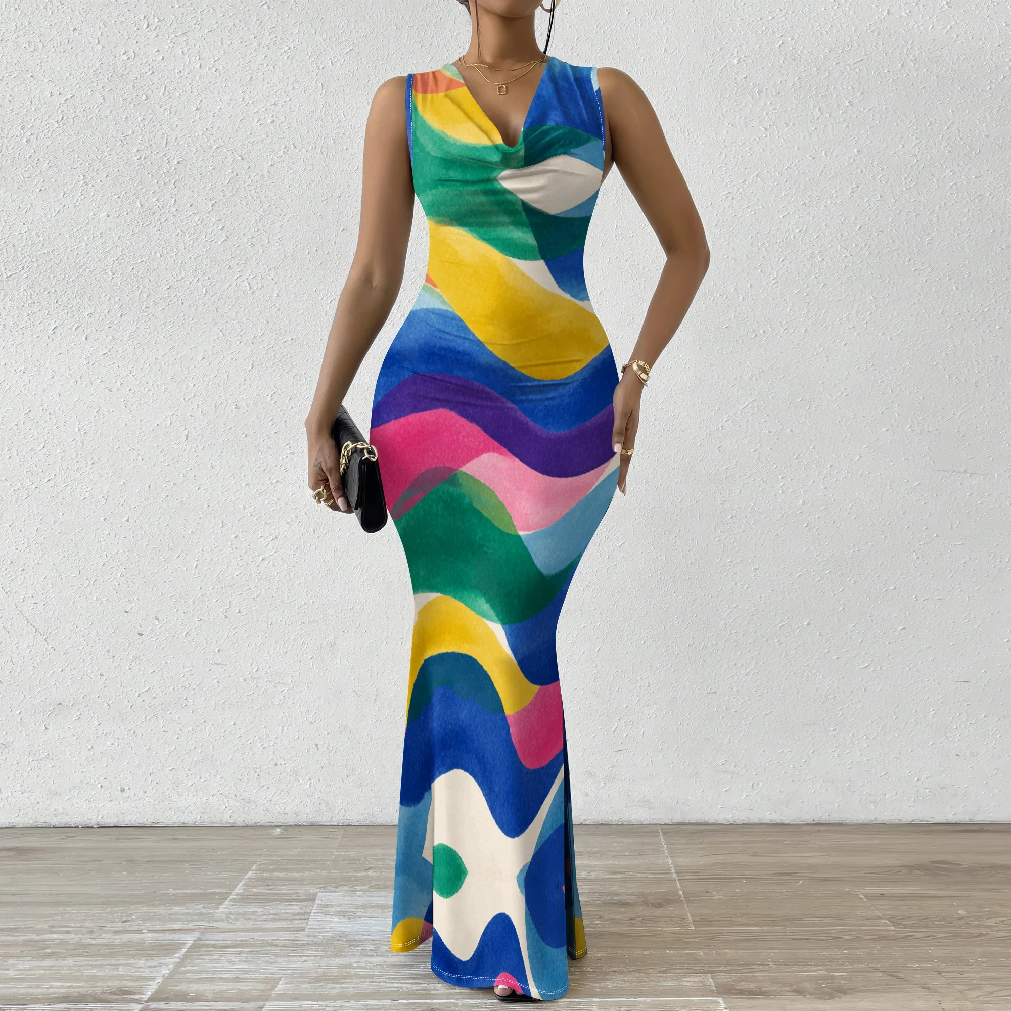 

Women's Abstract Print Sleeveless Maxi Dress | Summer Cowl Neck Bodycon Gown | Elegant Party & Vacation Outfit XS-2XL