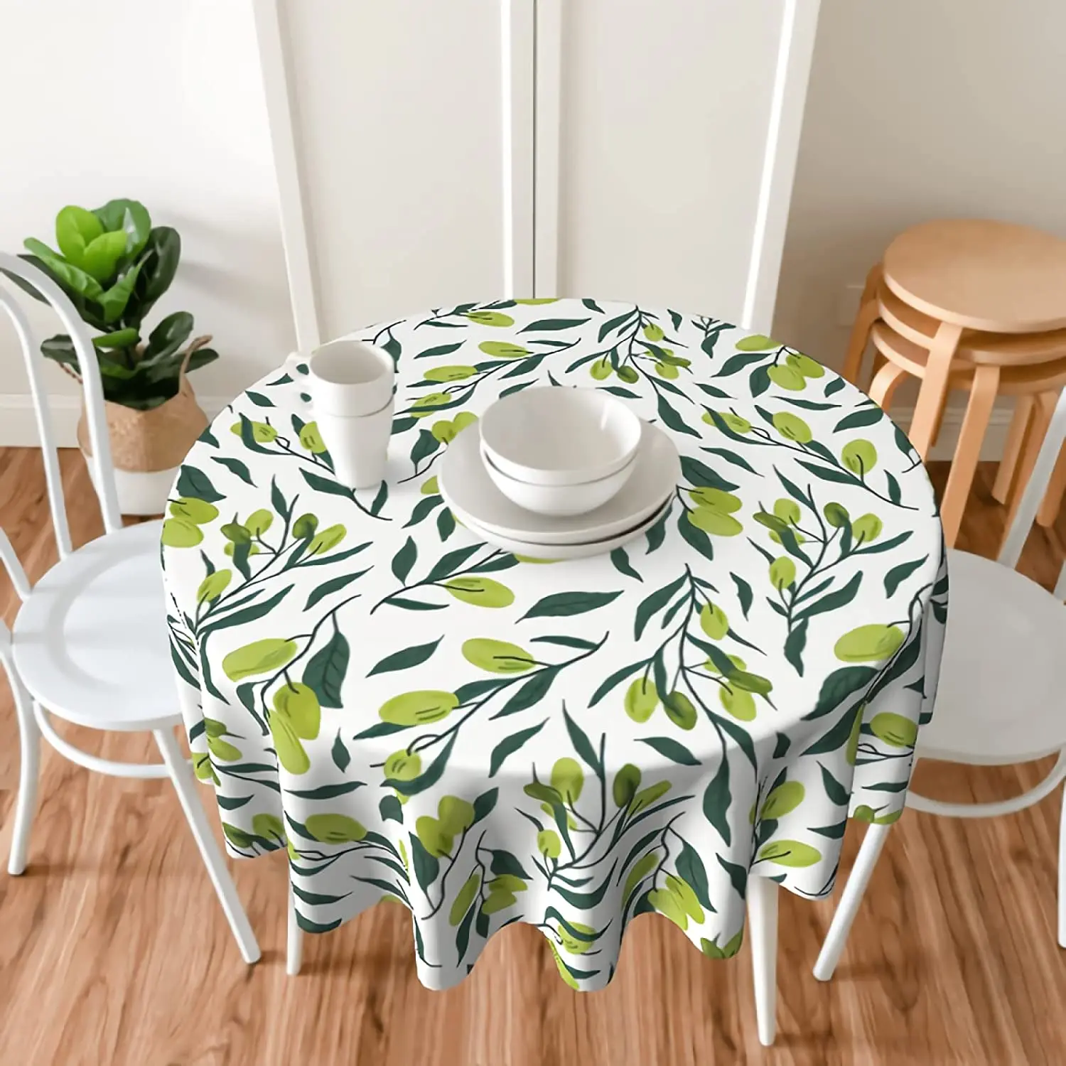 Green Leaf Round Table Cloth 60 in Summer Olives Leaves Washable Wrinkle Stain-Resistant Table Cover Fabric Polyester Tablecloth