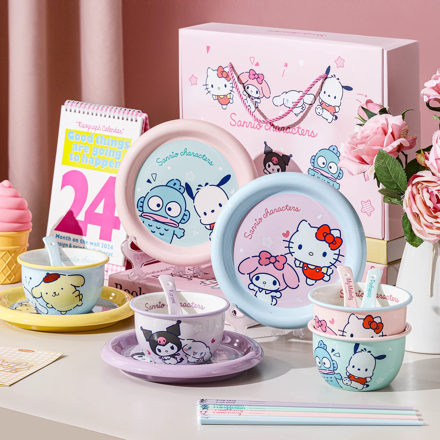 4pcs Sanrio Hello Kitty My Melody Cinnamoroll Kuromi Ceramics Gift Box Tableware Set  Kitchen Supplies Childen Birthday Gift