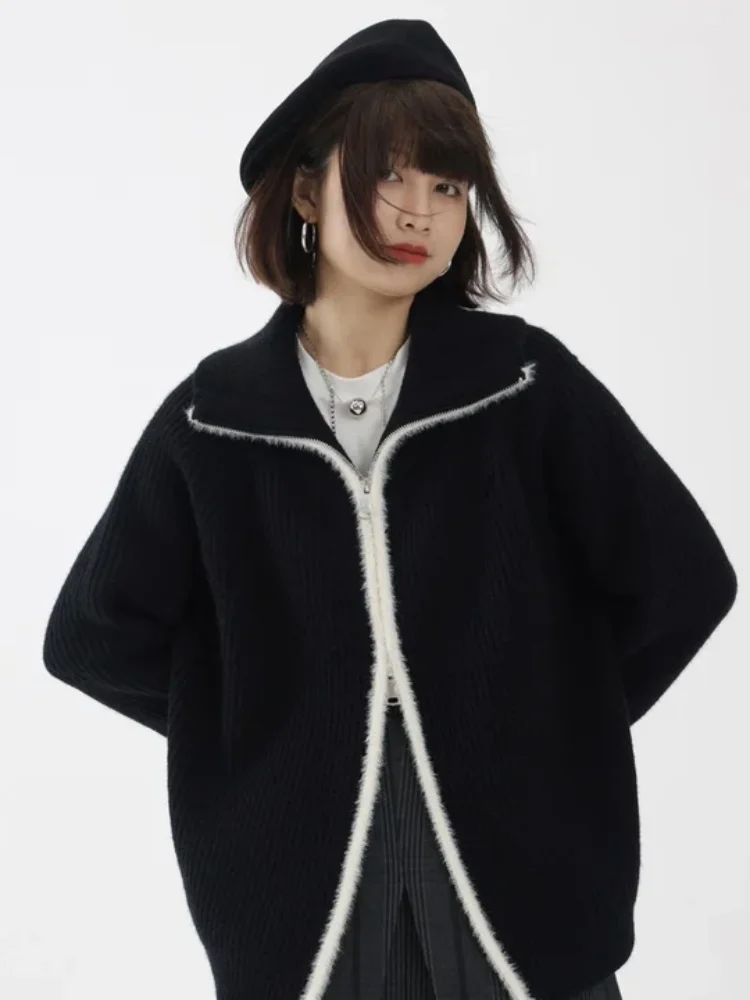 

Autumn and winter new women's simple and fashionable patchwork double zipper sweater American style spicy girl casual trend top