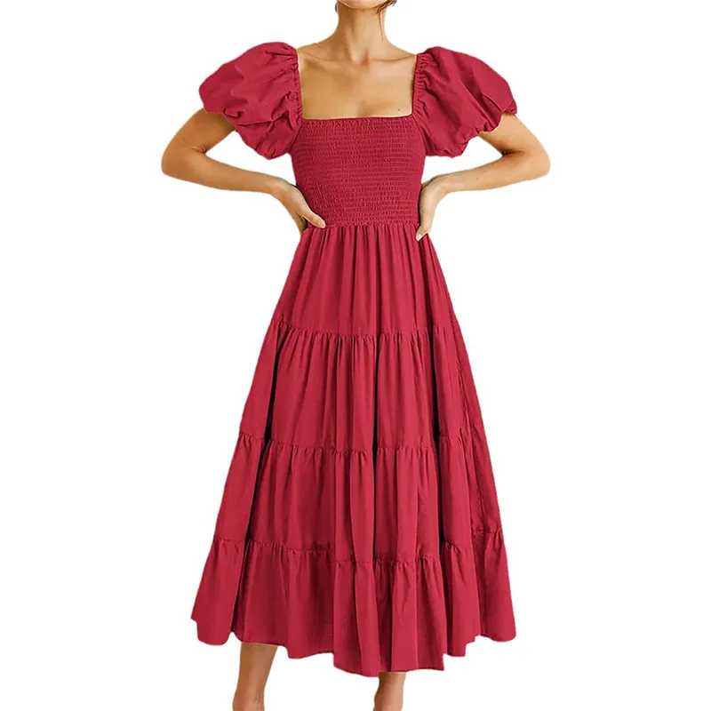 

Womens Summer Puff Short Sleeve Maxi Dress Square Neck Smocked Tiered Ruffle A Line Long Flowy Beach Dresses