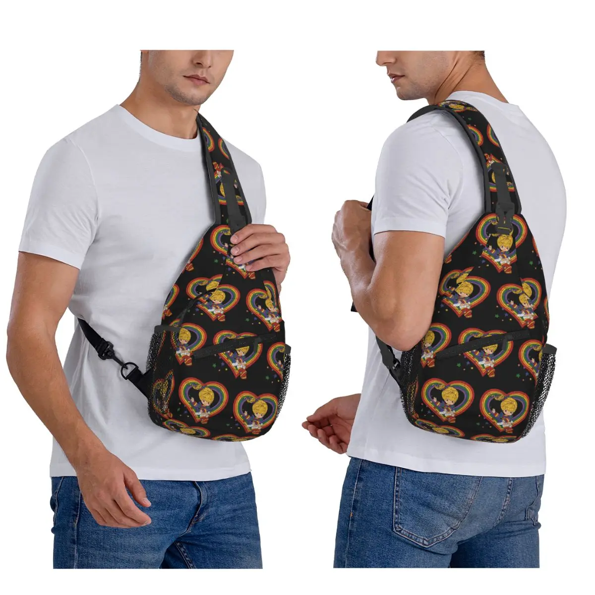 Rainbow Brite With Rainbow Heart Chest Bag Men Sling Crossbody Backpack Chest Bag Travel Hiking Daypack Shoulder Bag