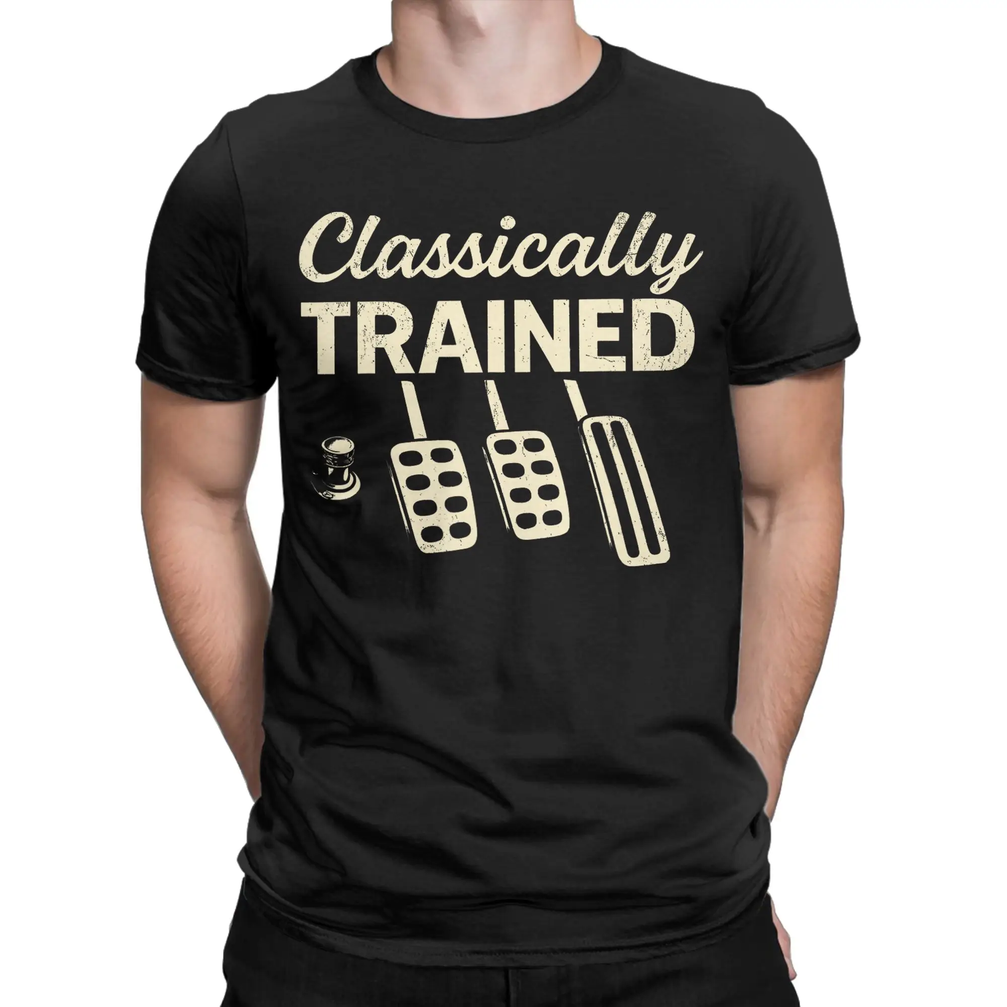 Men's T-Shirt Classically Trained with Manual Car Pedals Humor Cotton Tee Driving T Shirts Round Collar merchandise New Arrival