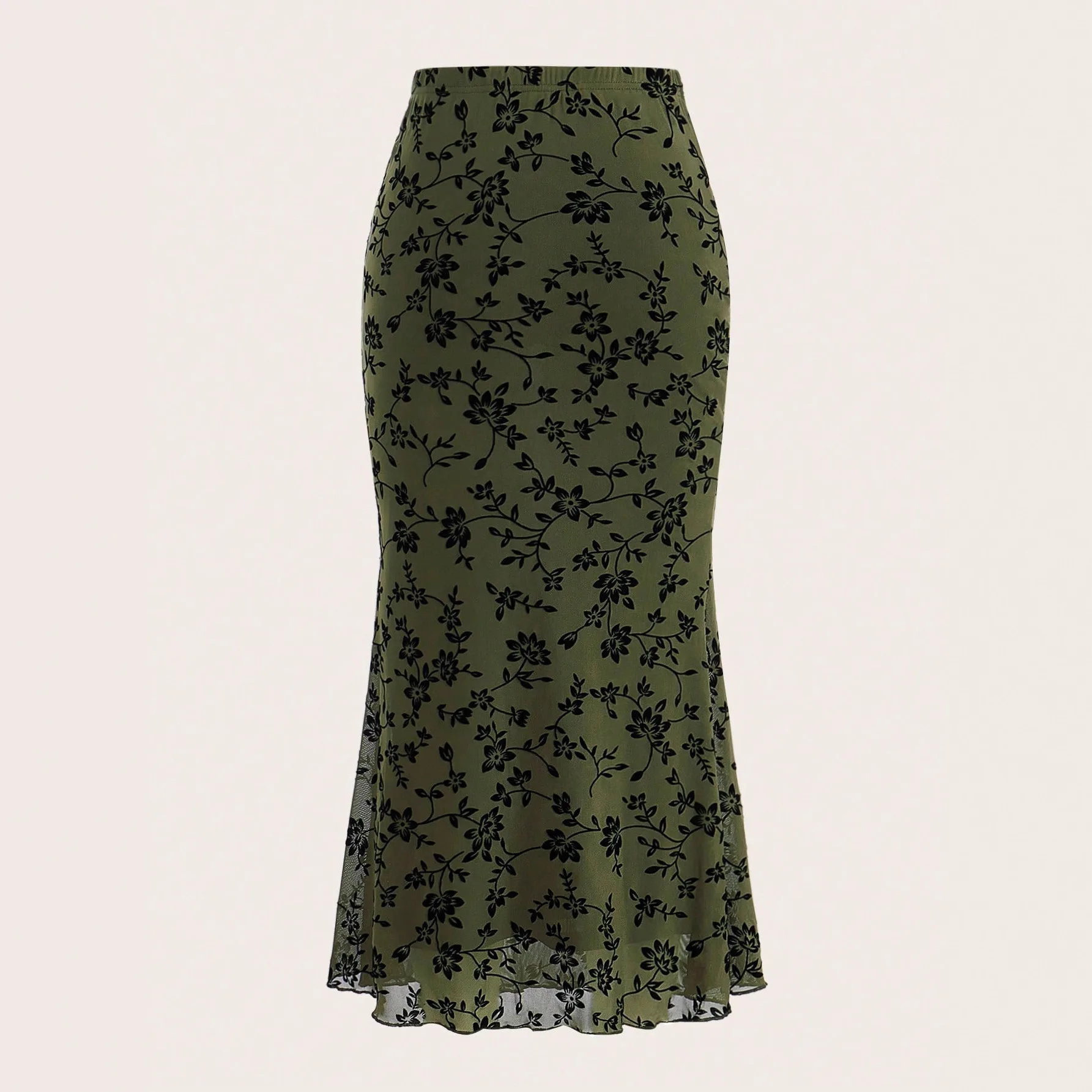 Elegant Dark Green Long Skirts Women 2025 Autumn Casual Floral Half-body Fishtail Slim Maxi Skirt