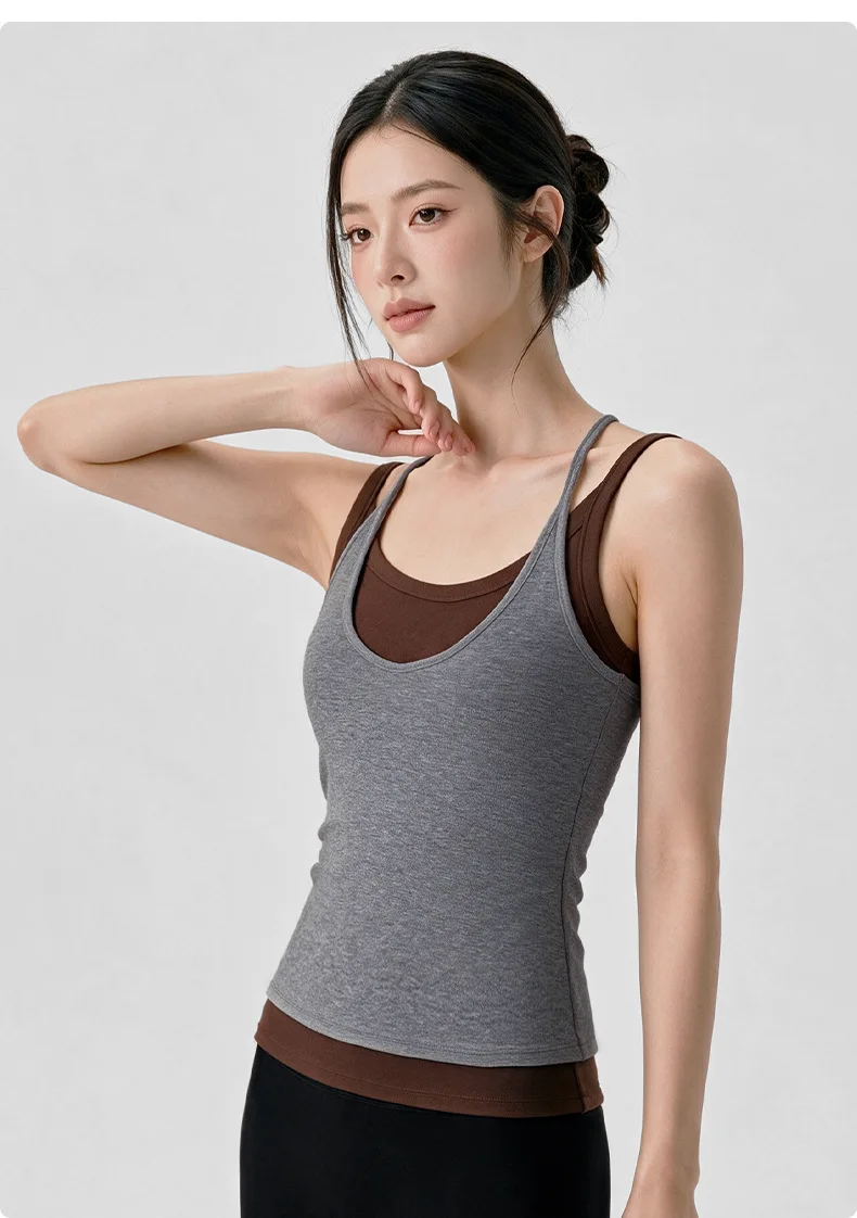 Color Blocking Sports Vest with Chest Cushion, No Need To Wear Underwear, Camisole Top, Thin Shoulder Strap, Beautiful Back Vest