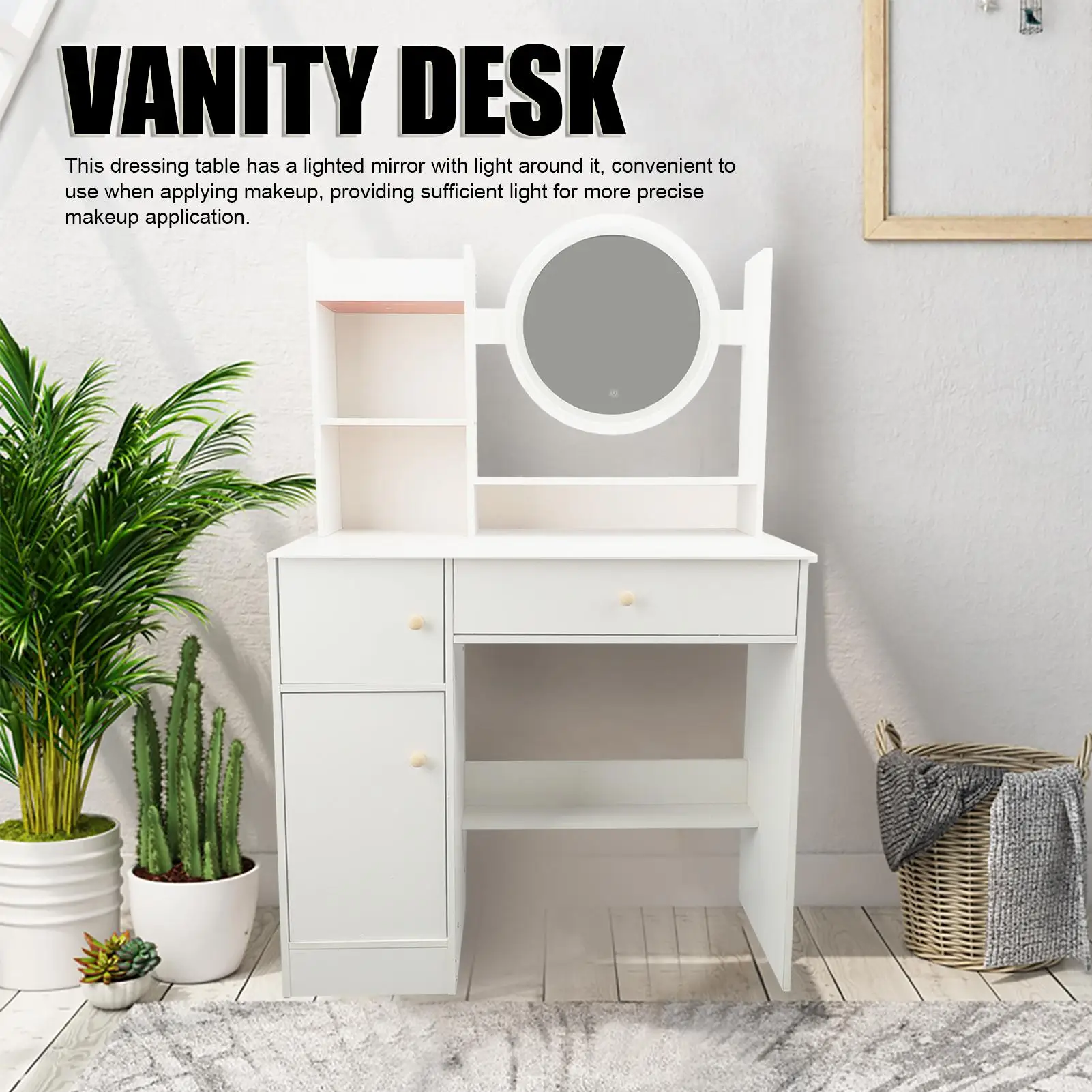 

Vanity Desk with Mirror and Lights Multifunction Modern Lighted Mirror Makeup Vanity Table with 2 Drawers for Bedroom
