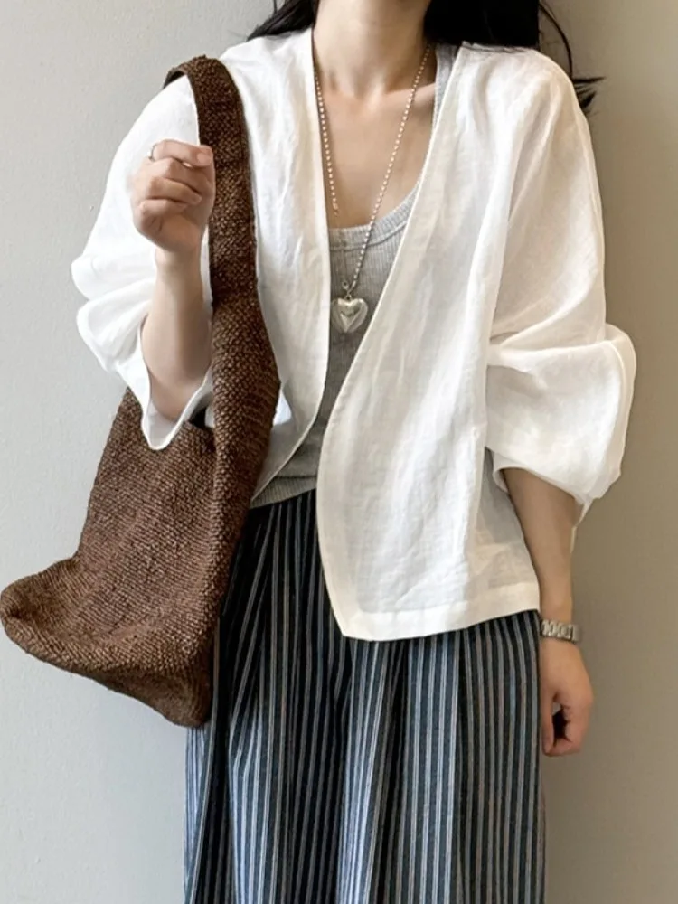 

Retro Artistic Flax Long Sve Open Cardigan Women's Summer Loose Casual Faion Simple Versatile Sun Protection Top