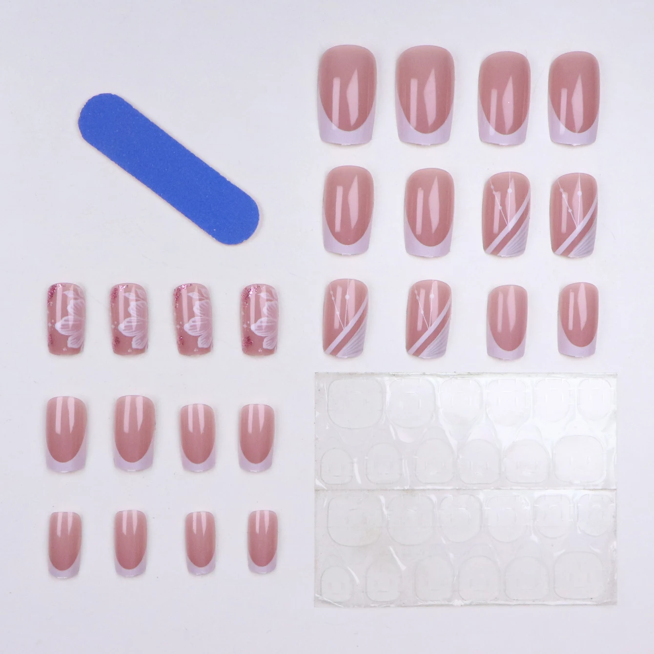 24 pezzi Migliora il tuo look con il set di unghie finte quadrate bianche con fiori francesi 1 lima per unghie e 1 kit di adesivi per colla per unghie