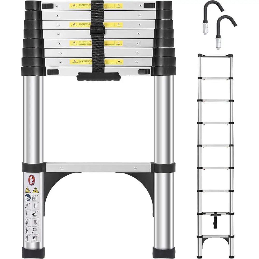 Telescoping Ladder 8.5FT Lightweight Aluminum Extension with 2 Triangle Stabilizers Detachable Hooks Safety Lock Adjustable