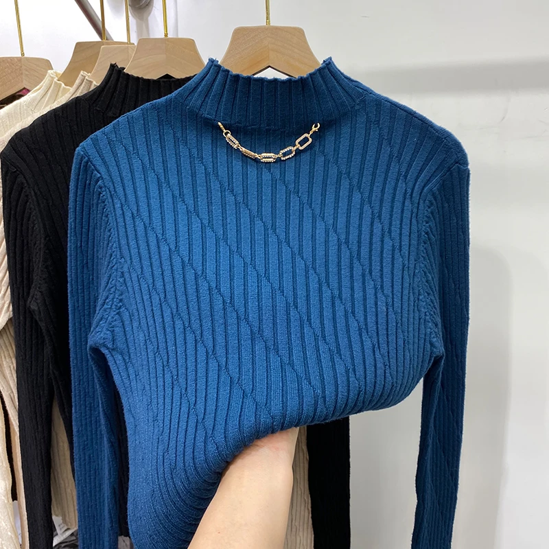 

Зимний вязаный свитер в полоску с цепочкой, пуловер, модный свитер с полувысоким воротником, осенний джемпер, повседневные женские Топы с длинным рукавом, 28992