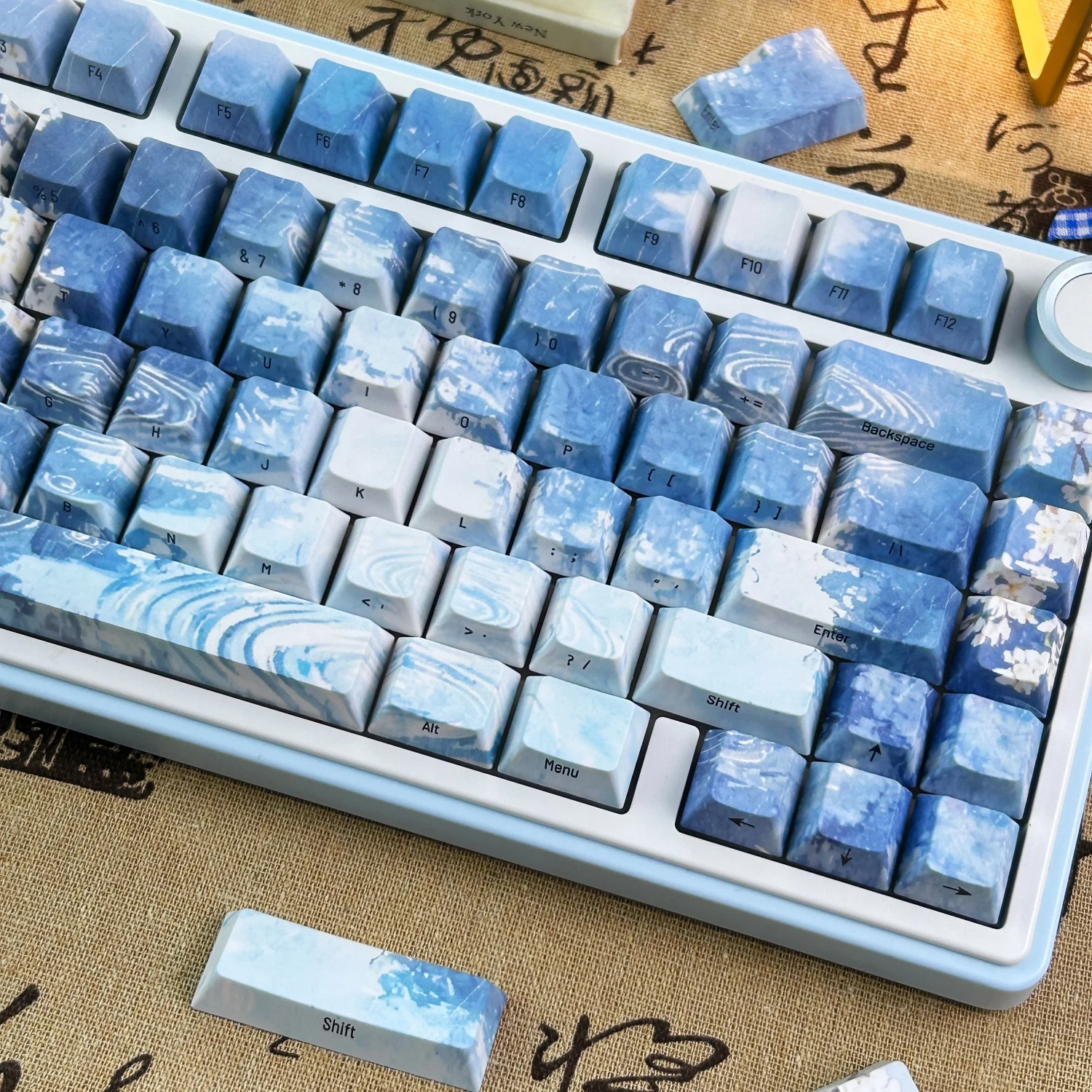 MAIMOOO Pear Blossom Rain Keycap Cherry Profile PBT Custom Retro Blue Ink Painting Style Flower Keycaps for Mechanical Keyboard