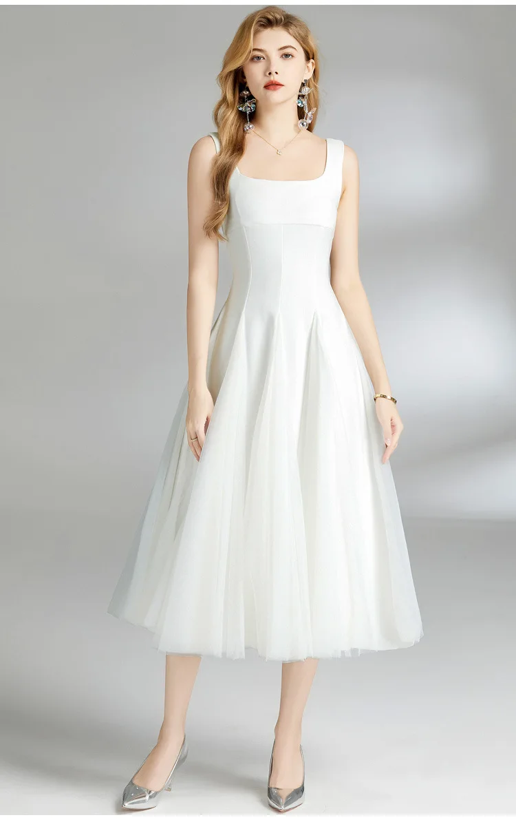 فستان أبيض أنيق بحمالة فرنسية خرافية للنساء فستان صيفي شبكي بياقة مربعة وتنورة بقصة ضيقة للحفلات المسائية