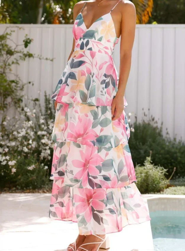 여름 드레스 여성 신선한 꽃 프린트 v 넥 하이 웨이스트 캐미솔 캐주얼 비치 휴가 쉬폰 드레스 여성