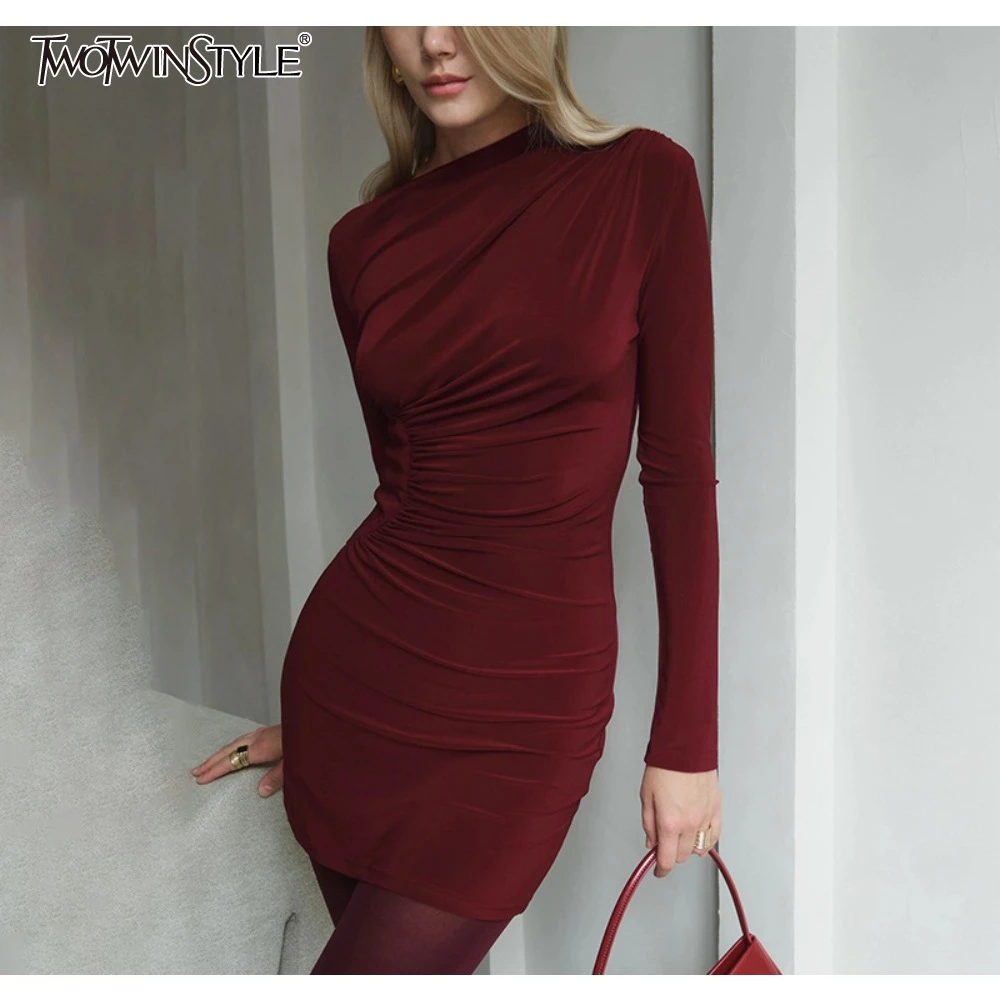 TWOTWINSTYLE Solid Slimming Minimalist Dresses for Women O Neck Long Sleeve High Waist Dress Female Fashion Style New