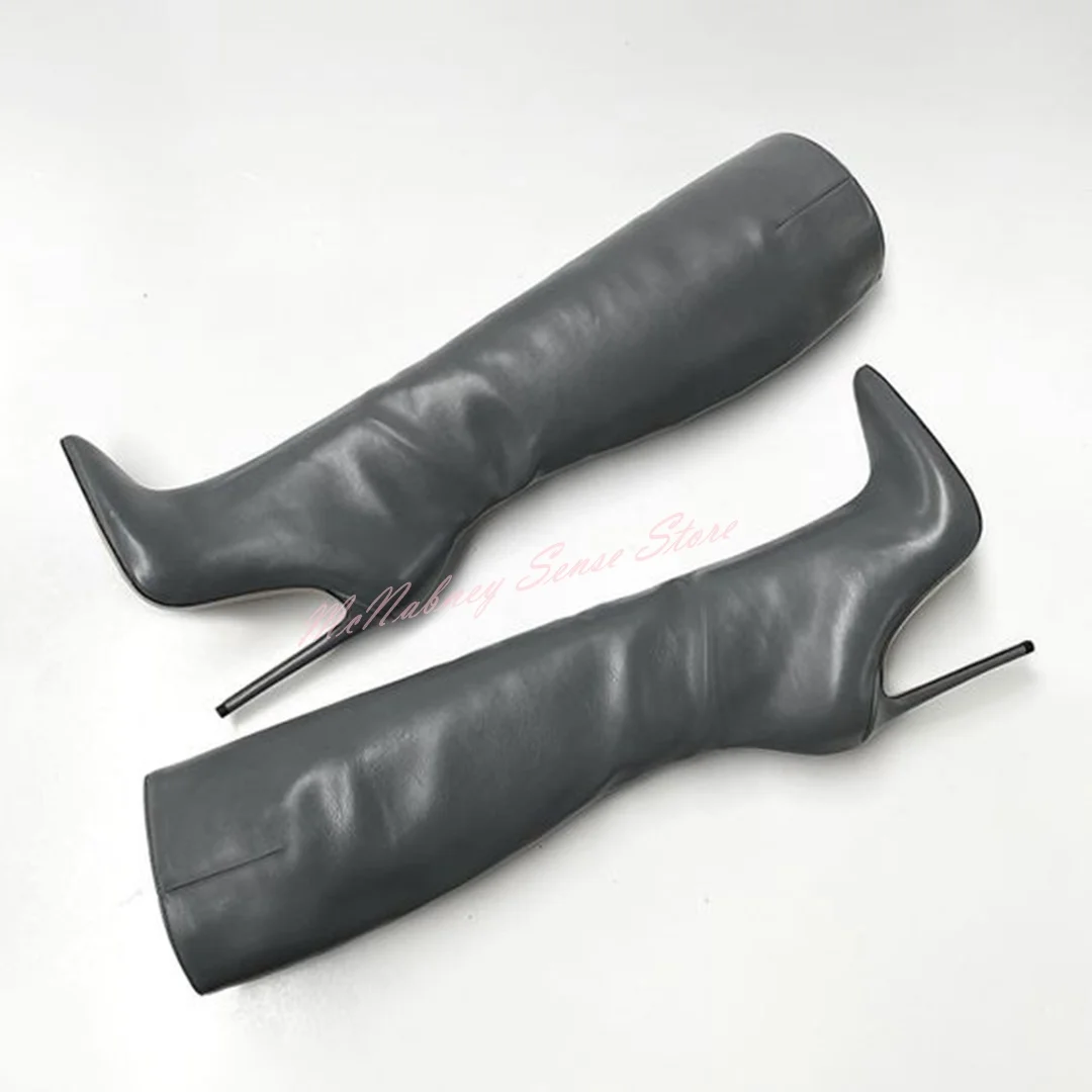 Genuine Leather Pointed Boots Stiletto Heels Solid Knee High Boots Slip On Women Sexy Shoes Designer Winter Autumn Casual Shoes