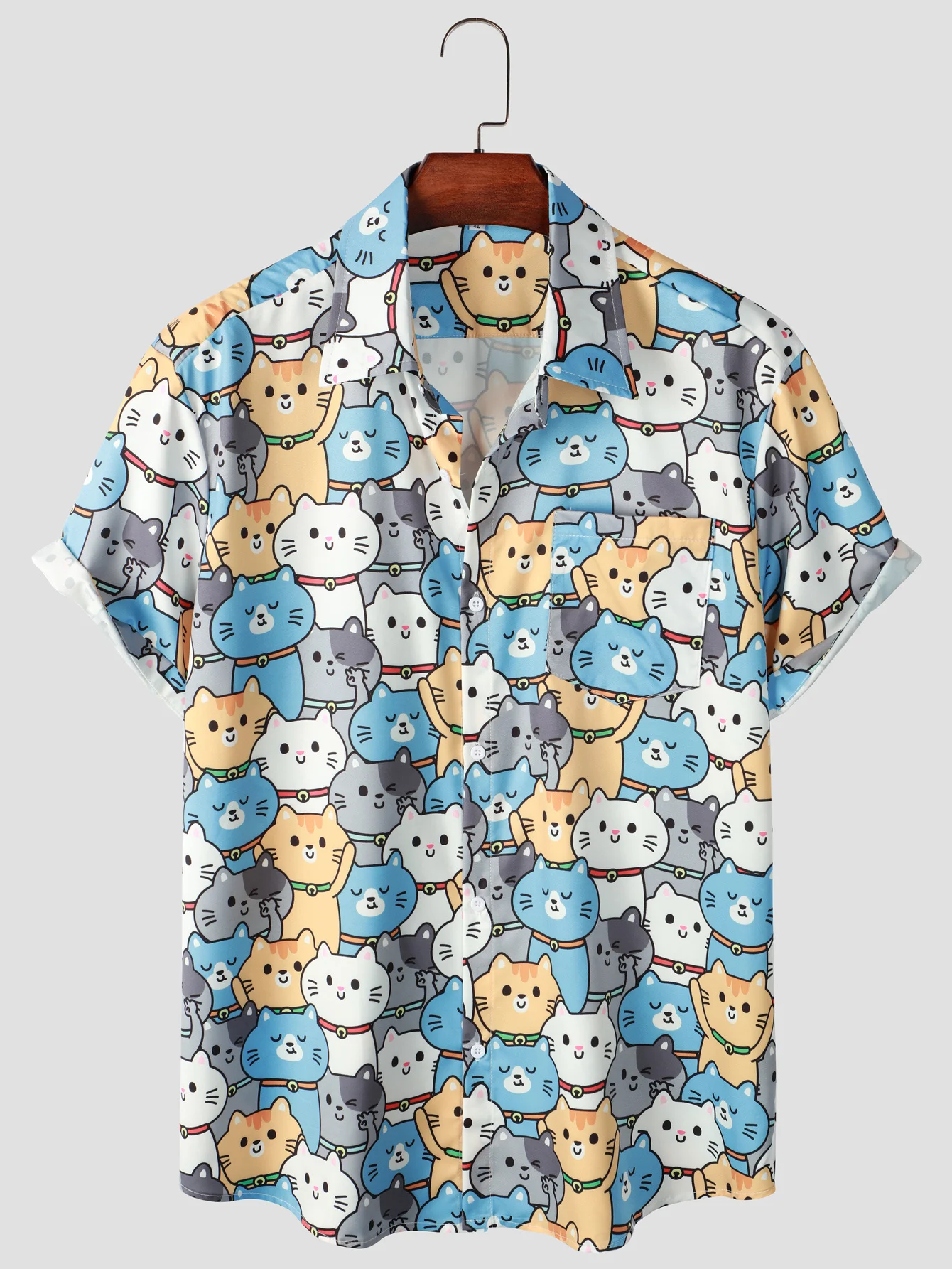 Camisa casual de manga curta masculina, férias de verão, gatinho fofo