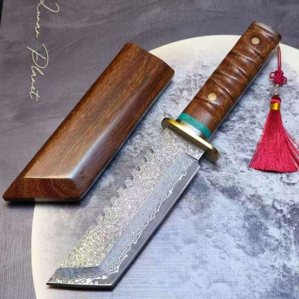 

Японский нож танто с дамасской сталью, рукоять из палисандра, охотничий нож, инструмент для кемпинга, EDC, для самообороны, выживания на природе
