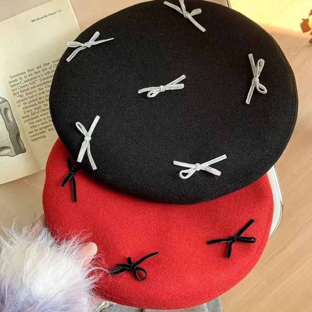 

Versatile Solid color Bow Beret Hat Woolen Harajuku Painter Hat Korean Style Y2K Women Octagonal Cap Ladies